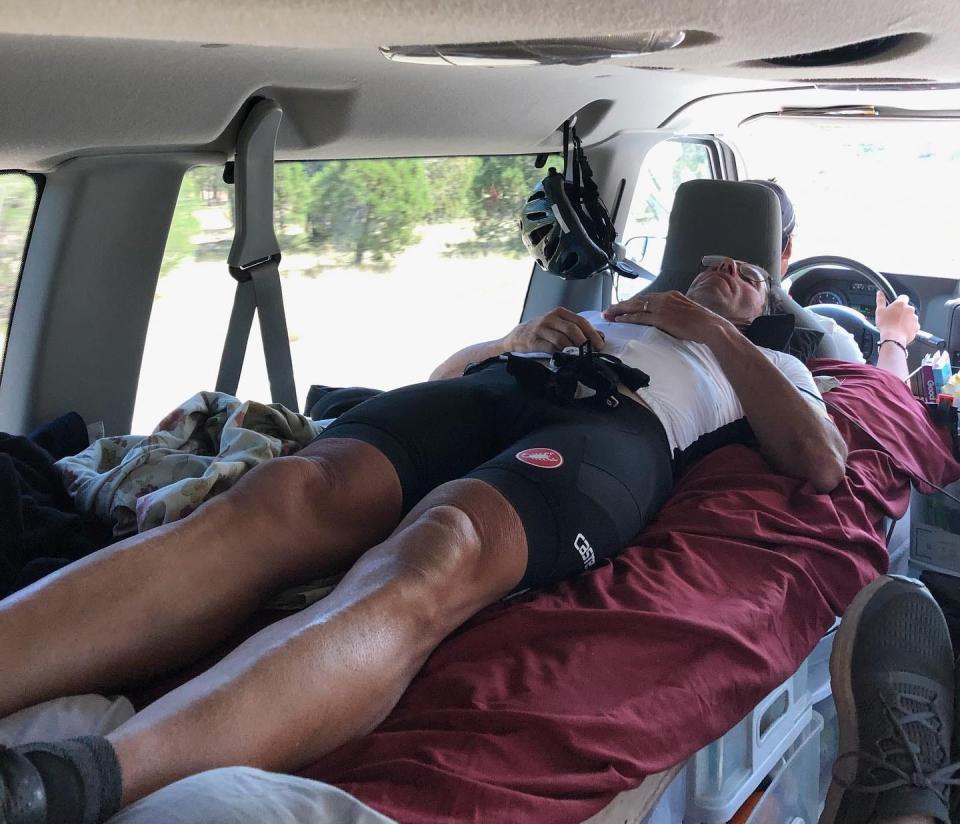 Les Crooks of Mishawaka sleeps on the bunk built in the support van that followed him in the Race Across America.