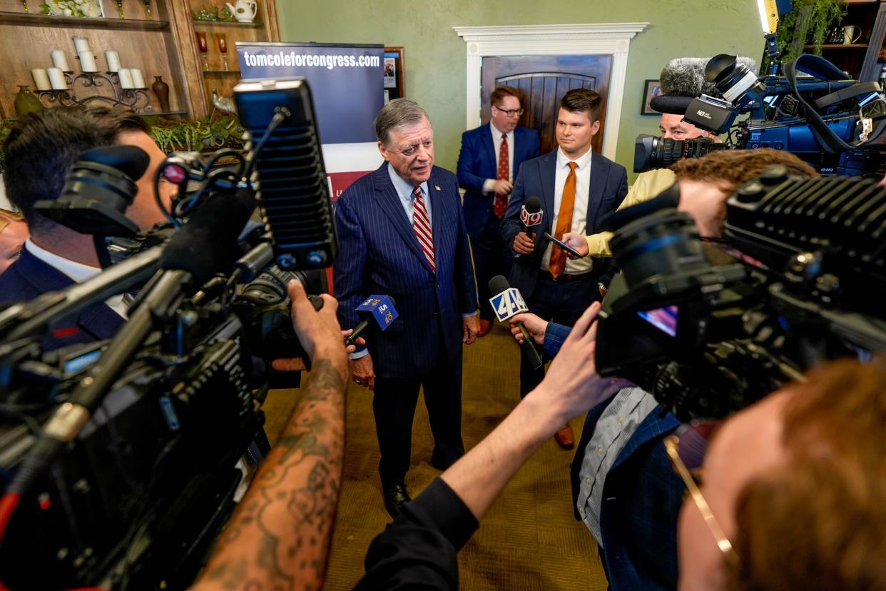 U.S. Rep. Tom Cole speaks after a decisive win in the primaries at Cole's watch party at Nosh Restaurant in Moore, on Tuesday, June 18, 2024.