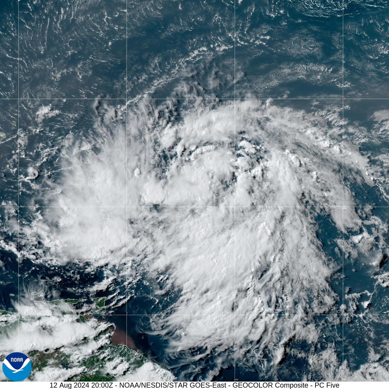 Tropical Storm Ernesto on NOAA's GOES East satellite on Monday afternoon, Aug. 12, 2024.