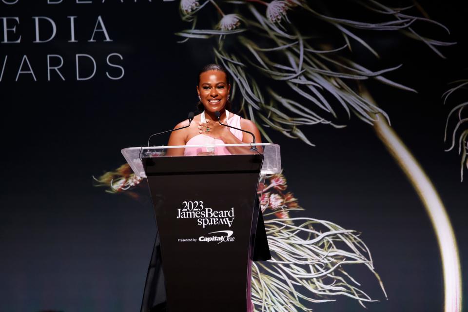 Lyndsay C. Green speaks onstage during the 2023 James Beard Media Awards at Columbia College Chicago on June 3, 2023 in Chicago, Illinois. (Photo by Jeff Schear/Getty Images for The James Beard Foundation)