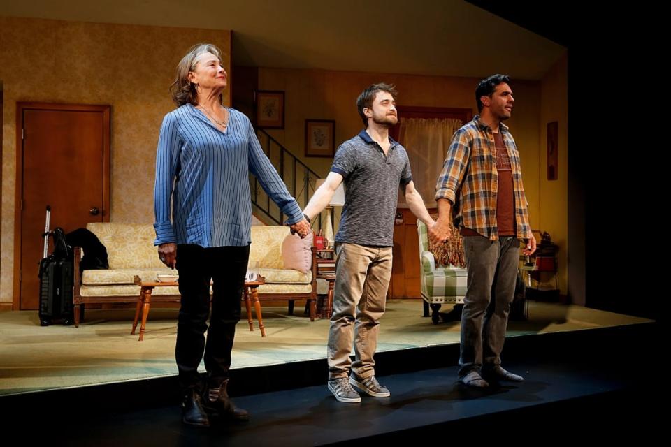 Cherry Jones, Daniel Radcliffe, and Bobby Cannavale during the curtain call of The Lifespan of A Fact.