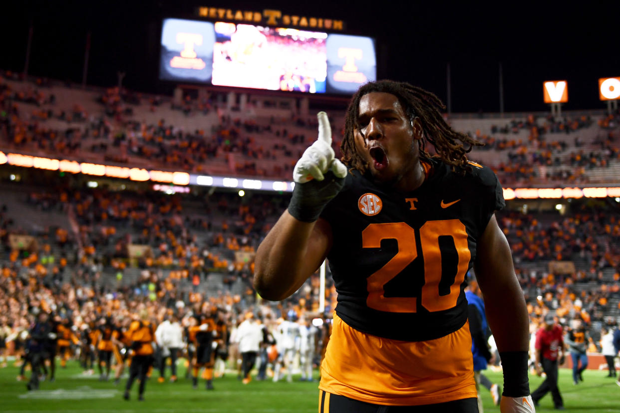 KNOXVILLE, TENNESSEE - OCTOBER 29: Bryson Eason #20 of the Tennessee Volunteers celebrates as he runs off the field following their win over the Kentucky Wildcats at Neyland Stadium on October 29, 2022 in Knoxville, Tennessee. (Photo by Eakin Howard/Getty Images)