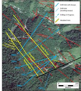 NWC drilling through August, 2021 showing location of longitudinal sections and west-northwest trending veins of the “Cascada” family (dashed yellow pattern)