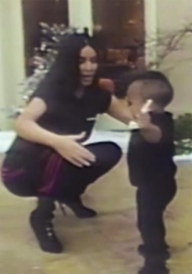 In the video posted to her app, Kim is seen cuddling her cute kids. Here she is with one-year-old Saint West. Photo: KimKardashianWest.com.