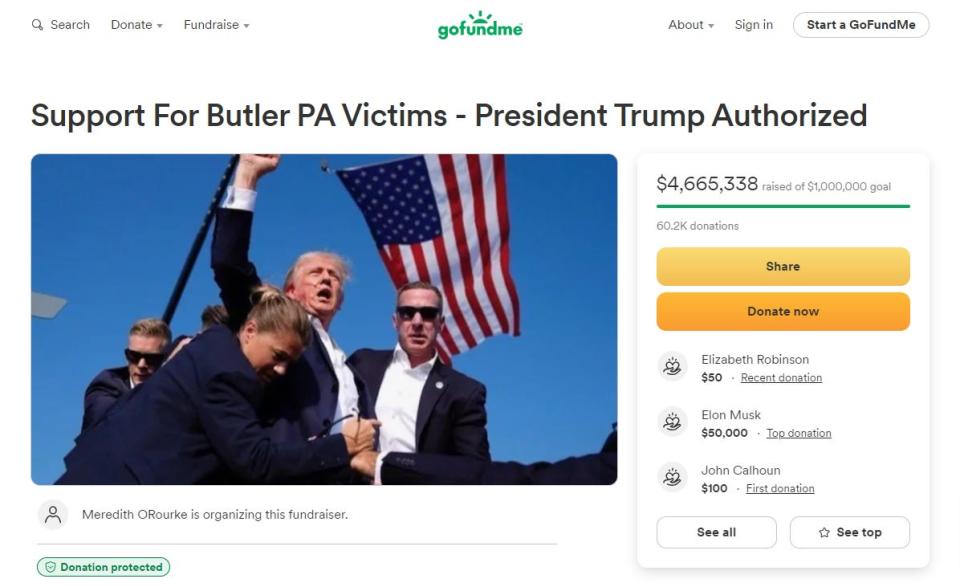 A GoFundMe for victims of the attempted assassination against former President Donald Trump in Pennsylvania and their families has raised nearly $5 million as of Monday, July 15, 2024.