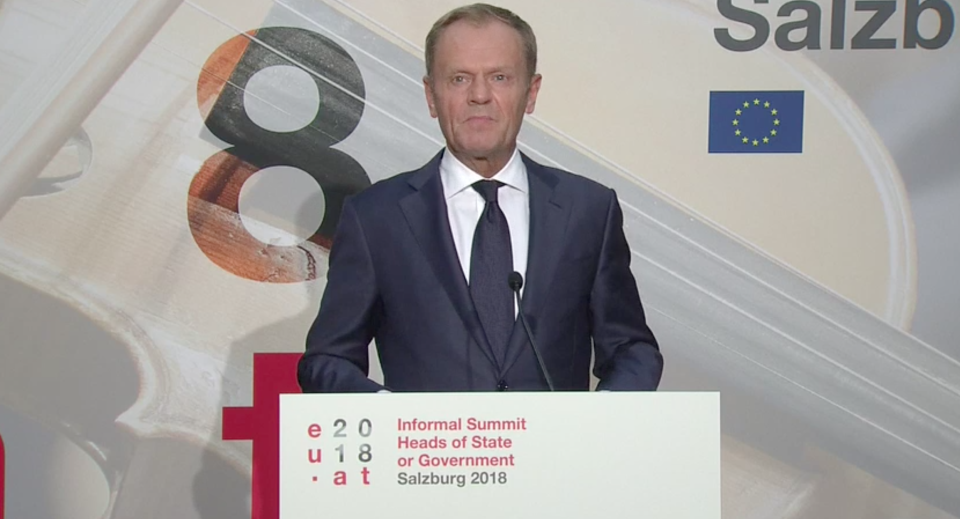 European Council president Donald Tusk delivering a statement on Brexit in Salzburg on Wednesday