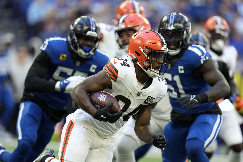 Cleveland Browns running back Jerome Ford (34) runs up field during the first half of an NFL football game against the Indianapolis Colts, Sunday, Oct. 22, 2023, in Indianapolis. (AP Photo/Michael Conroy)