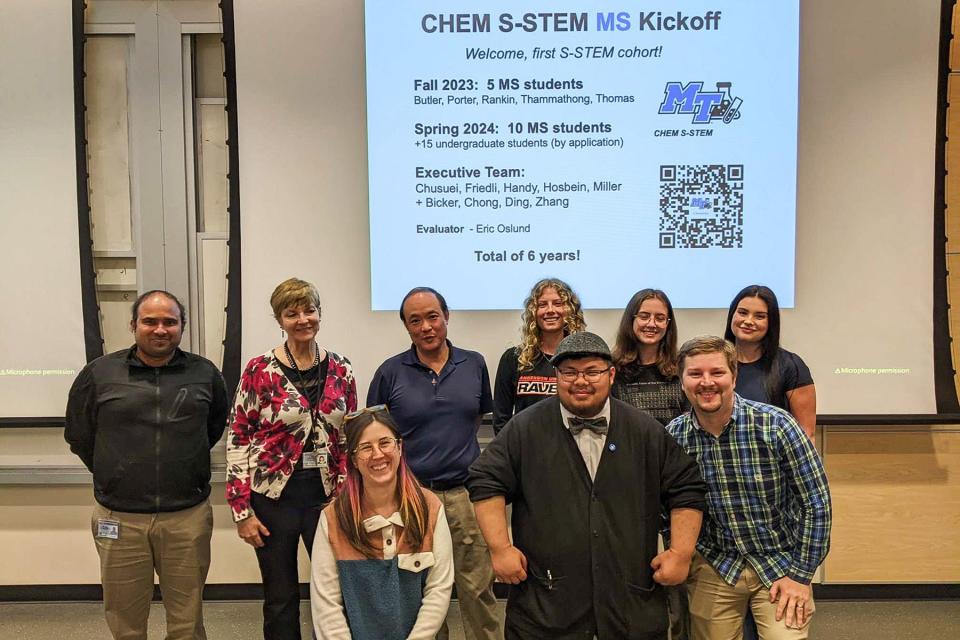 The first cohort of Middle Tennessee State University chemistry students to earn scholarships through the new National Science Foundation-funded S-STEM program pose for a photo with some of the program’s faculty leaders. Pictured in back row, from left, are Souvik Banerjee, professor Andrienne Friedli, associate professor Charles Chusuei, Alexandria Rankin, Ryleigh Porter and Hannah Butler. Pictured in front row, from left, are Katy Hosbein, Joshua Thammathong and Jacob Thomas.