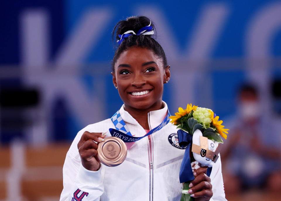 Simone Biles after nabbing bronze in Tokyo. (Photo: REUTERS/Mike Blake)