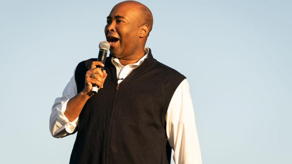 Democratic Senate candidate Jaime Harrison addresses supporters at a drive-in rally on October 17, 2020 in North Charleston, South Carolina. Harrison is running against incumbent Sen. Lindsey Graham (R-SC). (Photo by Cameron Pollack/Getty Images)