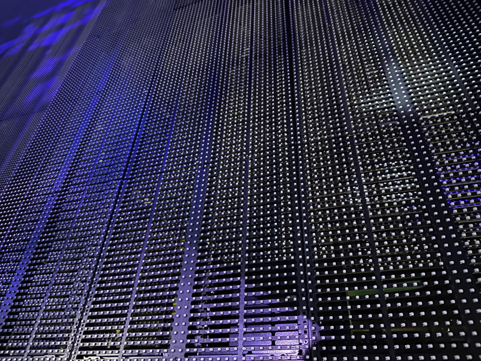 This image shows one of the individual screens at the Sphere and the hundreds of light nodes it contains on Tuesday, April 16, 2024, in Las Vegas. The screen at the Sphere is 160,000 square feet and shows images and video in 16K x 16K resolution. (AP Photo/Josh Cornfield)
