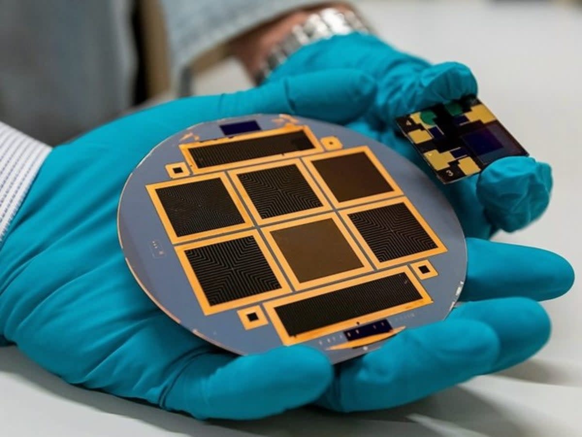 A silicon solar cell and perovskite cell developed by researchers at Eindhoven University of Technology (Niels van Loon)