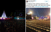 <p>(From left) Obama’s Christmas Tree lighting ceremony, Dec. 1, 2016; Trump’s Christmas Tree lighting ceremony, Nov. 30, 2017. (Photo: Cheriss May/NurPhoto via Getty Images, Steve Rudin ABC7 via Twitter) </p>