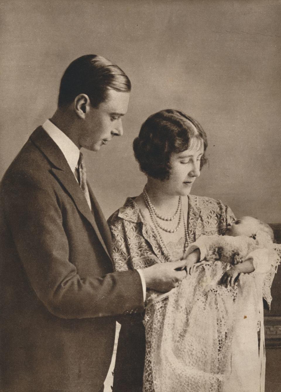 the duke and duchess of york at the christening of princess elizabeth', 1926