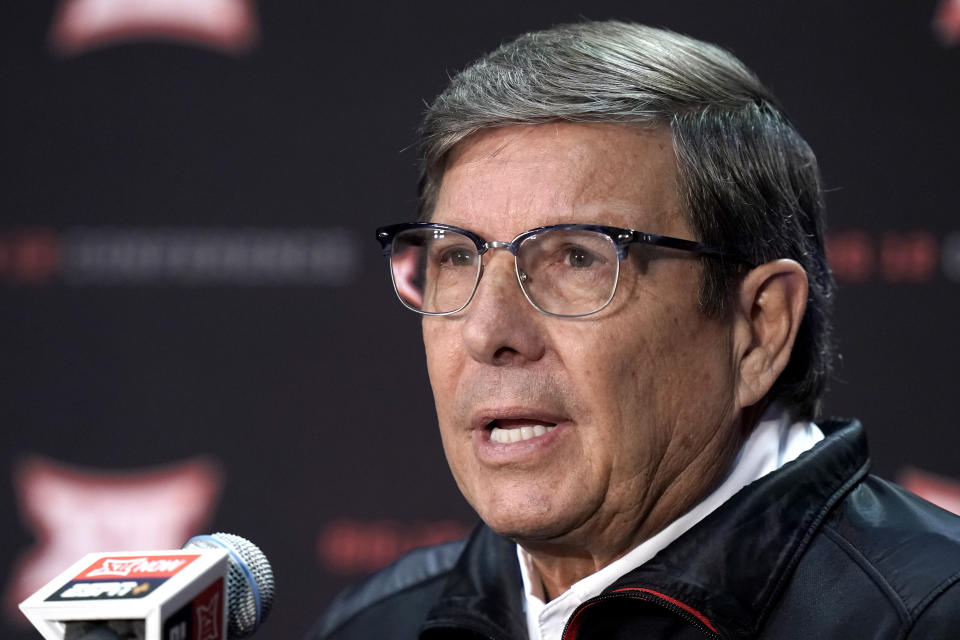 Texas Tech coach Mark Adams speaks to the media during Big 12 NCAA college basketball media day Wednesday, Oct. 20, 2021, in Kansas City, Mo. (AP Photo/Charlie Riedel)