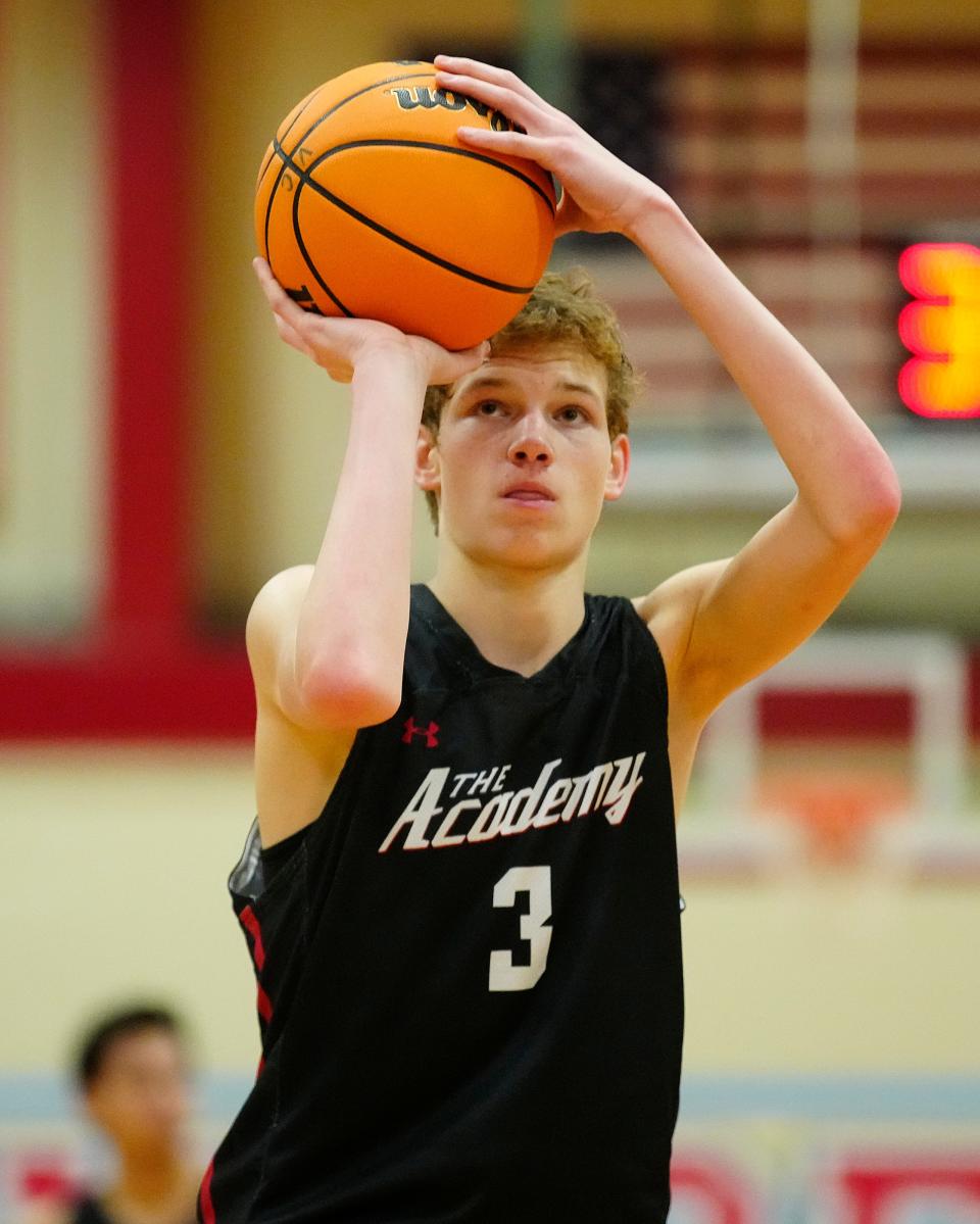 January 13, 2022; Mesa, Ariz; USA; Scottsdale Christian guard Jacob Webber (3) shoots a free throw against Valley Christian during a game at Mesa Community College. 