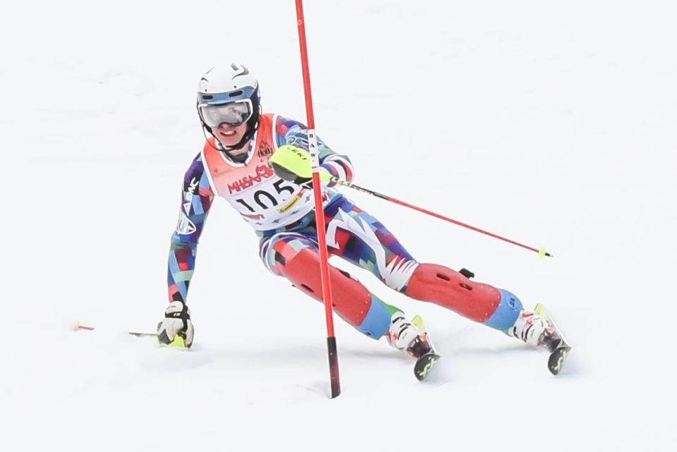 Gaylord’s Connor Abraham earned an individual state championship in the slalom, while also placing fifth overall in the giant slalom race during Monday’s state finals at Schuss Mountain.