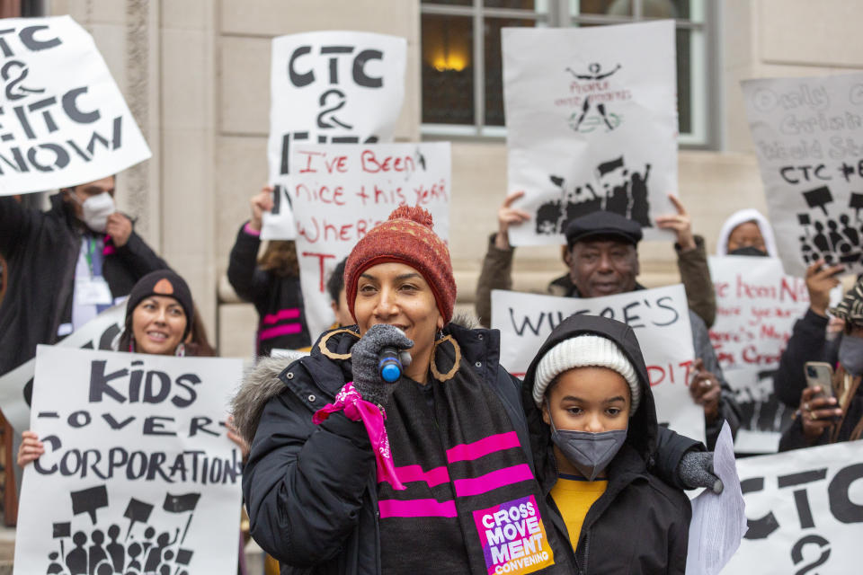 IMAGE DISTRIBUTED COMMUNITY CHANGE - Grassroots organizers with Community Change Action rally outside of the United States Chamber of Commerce for the child tax credit on Tuesday, Dec. 06, 2022 in Washington. (Eric Kayne/AP Images for Community Change)