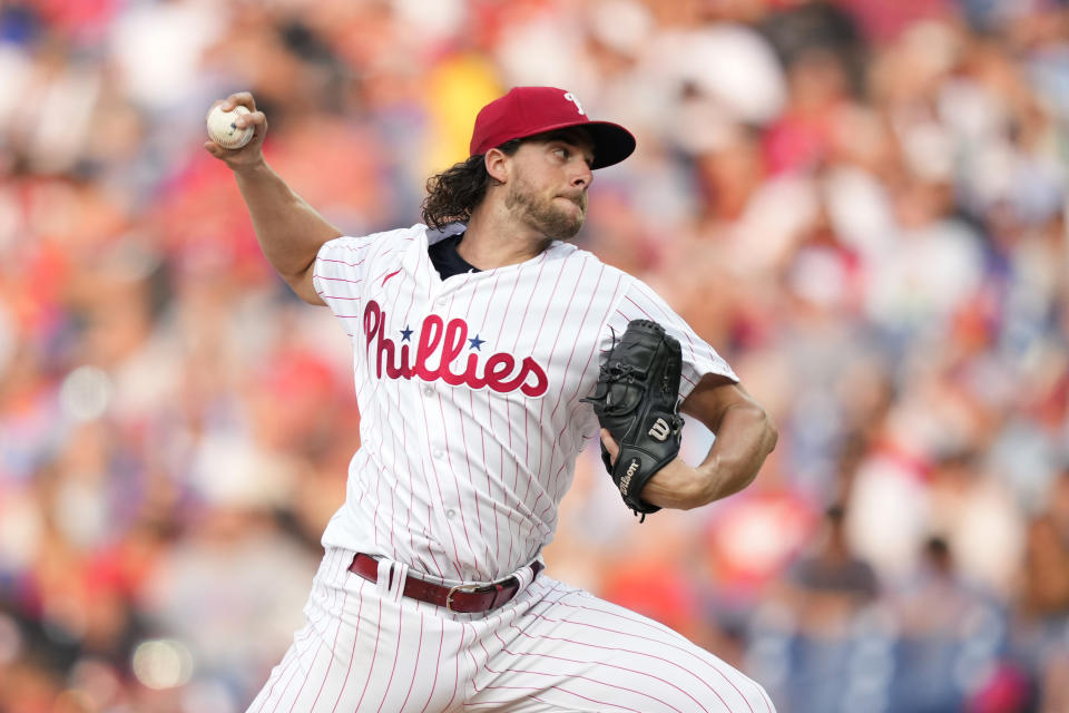 Philadelphia Phillies' Aaron Nola pitches during the second inning of a baseball game against the Milwaukee Brewers, Tuesday, July 18, 2023, in Philadelphia. (AP Photo/Matt Slocum)