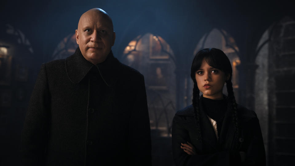 Fred Armisen as Uncle Fester, Jenna Ortega as Wednesday Addams in episode 107 of Wednesday