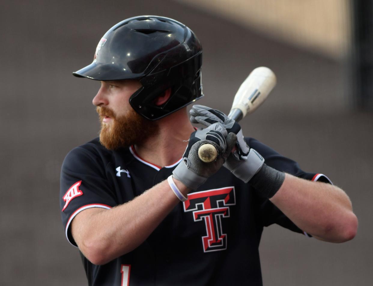 Texas Tech's Dillon Carter (1) prepares to bat against Abilene Christian in their midweek baseball series, Tuesday, May 9, 2023, at Dan Law Field at Rip Griffin Park. 