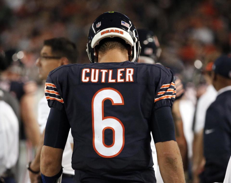 FILE - In this Sept. 19, 2016, file photo, Chicago Bears quarterback Jay Cutler (6) walks on the sideline during the second half of an NFL football game against the Philadelphia Eagles in Chicago. The Bears released Cutler on Thursday, March 9, 2017, as the NFL free agent market opened. (AP Photo/Nam Y. Huh, File)