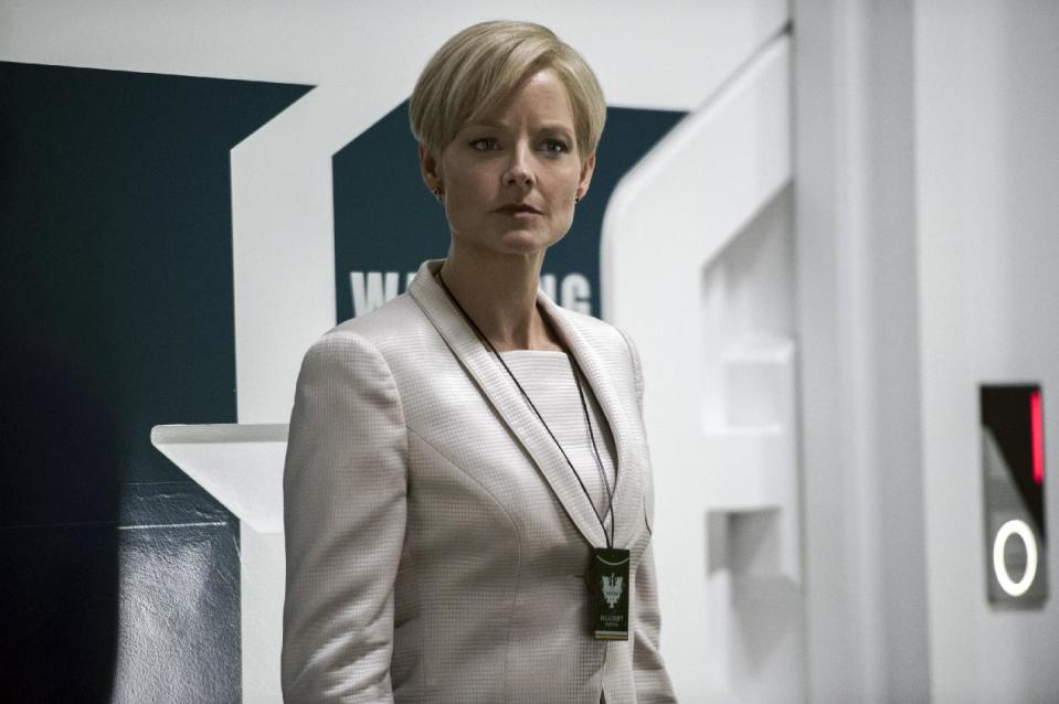 This film publicity image released by TriStar, Columbia Pictures-Sony shows Jodie Foster in a scene from "Elysium." (AP Photo/TriStar, Columbia Pictures - Sony, Kimberley French)