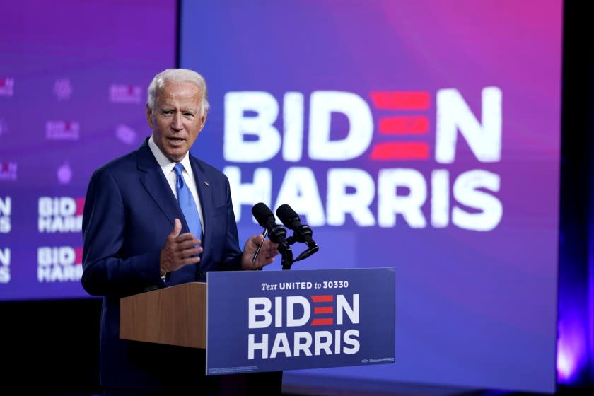 Democratic presidential candidate former Vice President Joe Biden speaks in Wilmington, Del., Wednesday, Sept. 2, 2020, about school reopenings. (AP Photo/Carolyn Kaster)