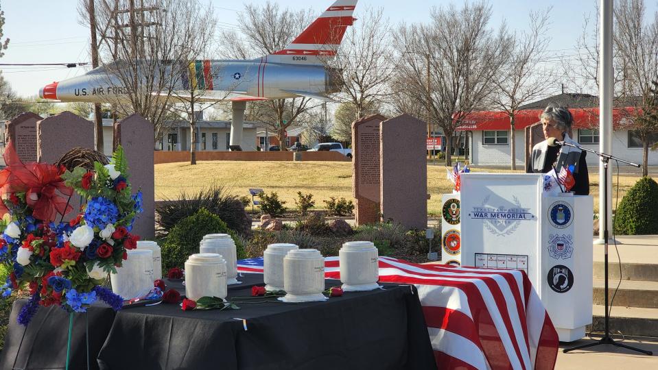 Potter County Judge Nancy Tanner speaks at the Missing In America Project's ceremony held at the Texas Panhandle War Memorial Center Wednesday, honoring eight newly identified veterans.