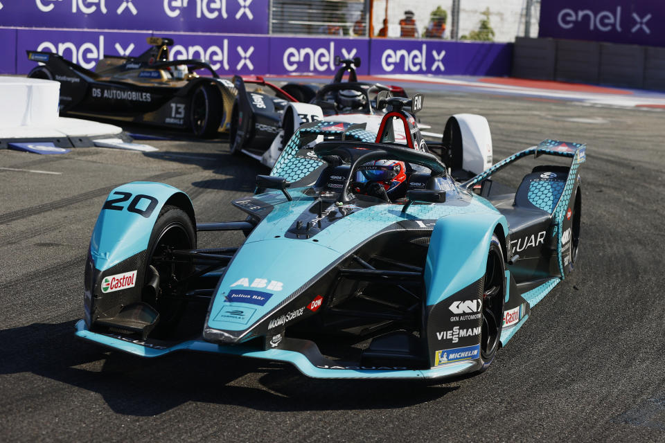 NEW YORK, NY - JULY 10: In this handout provided by Jaguar Racing, Mitch Evans of New Zealand, Jaguar Racing, Jaguar I-TYPE 5, leads Andre Lotterer of Germany, Tag Heuer Porsche, Porsche 99X Electric, and Antonio Felix da Costa of Portugal, DS Techeetah, DS E-Tense FE21 during the ABB FIA Formula E Championship - New York City E-Prix Round 10 - on July 10, 2021 in New York City. (Photo by Jaguar Racing via Getty Images)