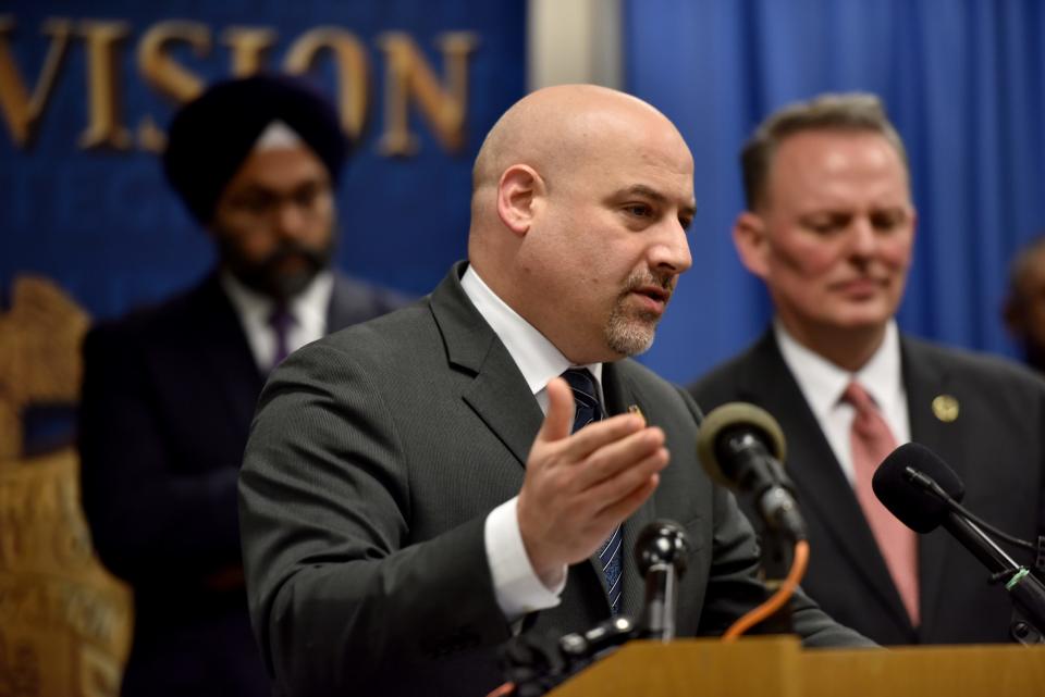 At the podium, Craig Carpenito, U.S. Attorney for the District of New Jersey, and other member of law enforcement agencies update the public on the investigation of the Jersey City shooting, which occurred on December 10, 2019, as a press conference at FBI Newark Division Field Office in Newark, N.J. on Monday Jan. 13, 2020. 