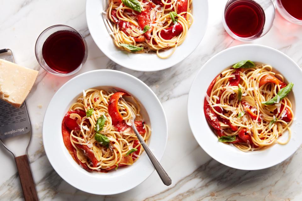 Red pepper pasta with lots of garlic is a definite crowd-pleaser.
