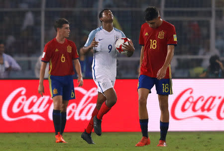 FILE PHOTO: Soccer Football - FIFA Under 17 World Cup Final - England vs Spain - Vivekananda Yuba Bharati Krirangan, Kolkata, India - October 28, 2017 England’s Rhian Brewster celebrates scoring their first goal REUTERS/Danish Siddiqui/File Photo