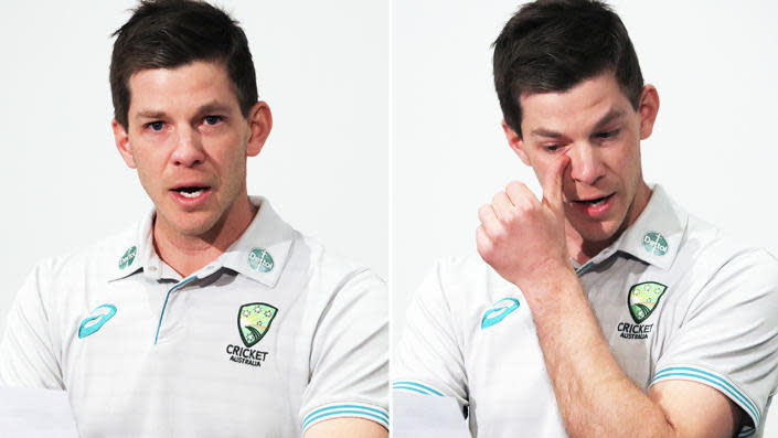 Seen here, Tim Paine chokes back tears after resigning as Australia's Test captain due to a sexting scandal.