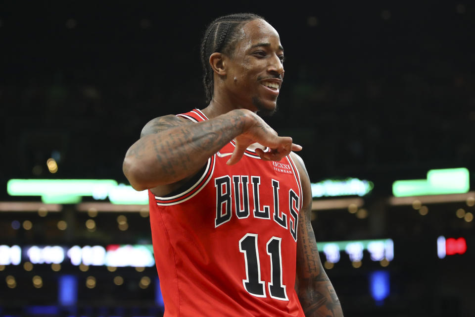 DeMar DeRozan is all smiles in the Chicago Bulls' come-from-behind win over the Boston Celtics at TD Garden. (Adam Glanzman/Getty Images)