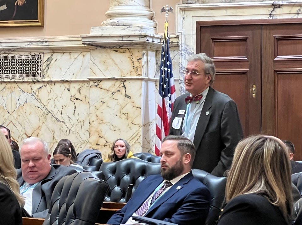 Hagerstown Community College President Jim Klauber speaks on the floor of the Maryland House of Delegates during Washington County Day in Annapolis on Jan. 23, 2024. Klauber asked Maryland Senate President Bill Ferguson, D-Baltimore City, to restore full Cade funding.