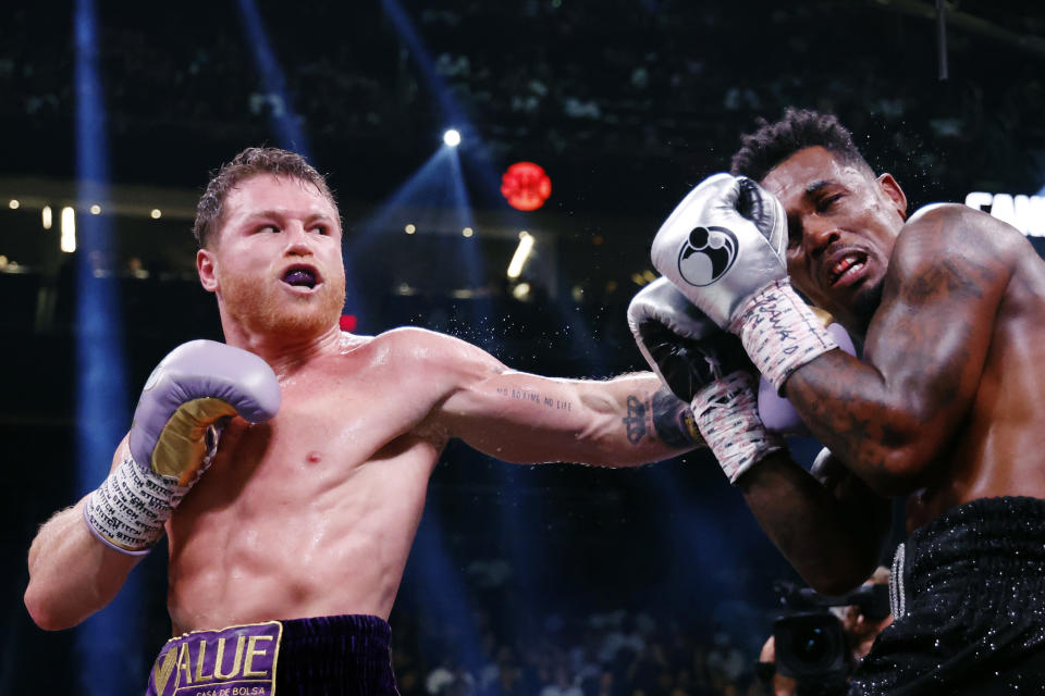 Canelo Alvarez in his fight against Jermall Charlo last September.  (Sarah Stier/Getty Images)