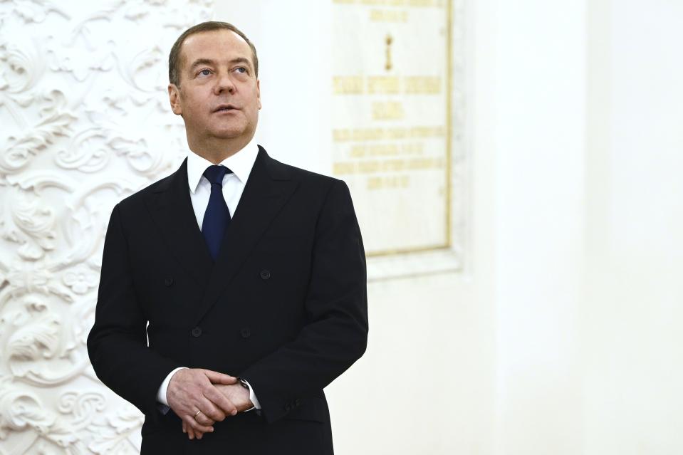 Russian Security Council Deputy Chairman and the head of the United Russia party Dmitry Medvedev arrives to attend the talks with Russian President Vladimir Putin and Chinese President Xi Jinping at The Grand Kremlin Palace, in Moscow, Russia, Tuesday, March 21, 2023. (Alexey Maishev, Sputnik, Kremlin Pool Photo via AP)