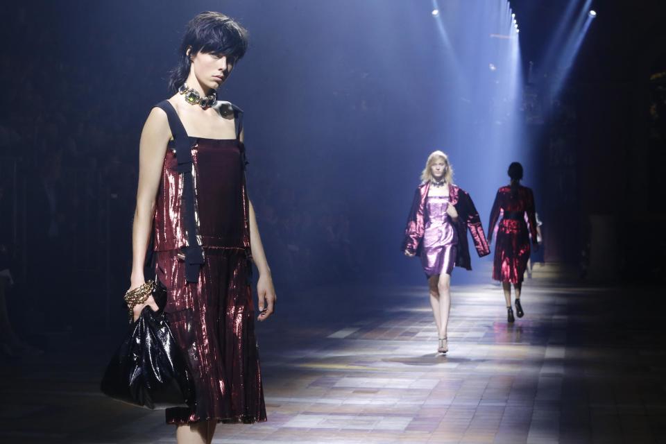 A model presents a creation as part of Lanvin's ready-to-wear Spring/Summer 2014 fashion collection, presented Thursday, Sept. 26, 2013 in Paris. (AP Photo/Jacques Brinon)