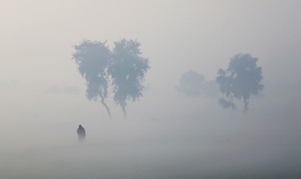 A farmer walks through a thick fog near Hisar, India