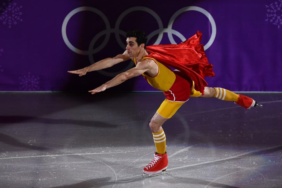 <p>Spain’s Javier Fernandez performs during the figure skating gala event during the Pyeongchang 2018 Winter Olympic Games at the Gangneung Oval in Gangneung on February 25, 2018. / AFP PHOTO / ARIS MESSINIS (Photo credit should read ARIS MESSINIS/AFP/Getty Images) </p>