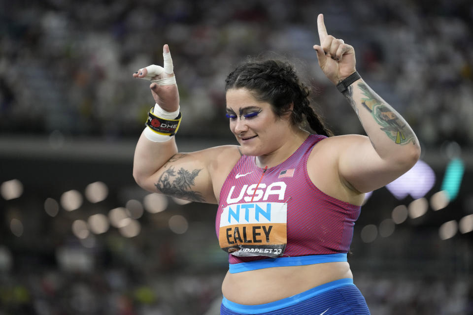 Chase Ealey, of the United States, reacts after an attempt in the Women's shot put final during the World Athletics Championships in Budapest, Hungary, Saturday, Aug. 26, 2023. (AP Photo/Matthias Schrader)