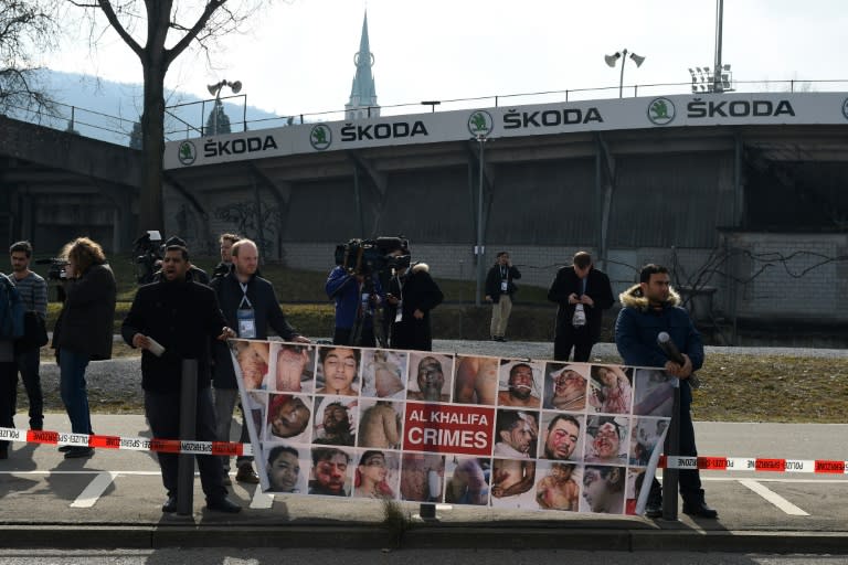 Protesters gathered outside the venue of the FIFA Congress in Zurich to accuse Sheikh Salman bin Ebrahim al-Khalifa of being involved in the arrest of footballers involved in the 2011 protests when he was head of the Bahrain Football Association