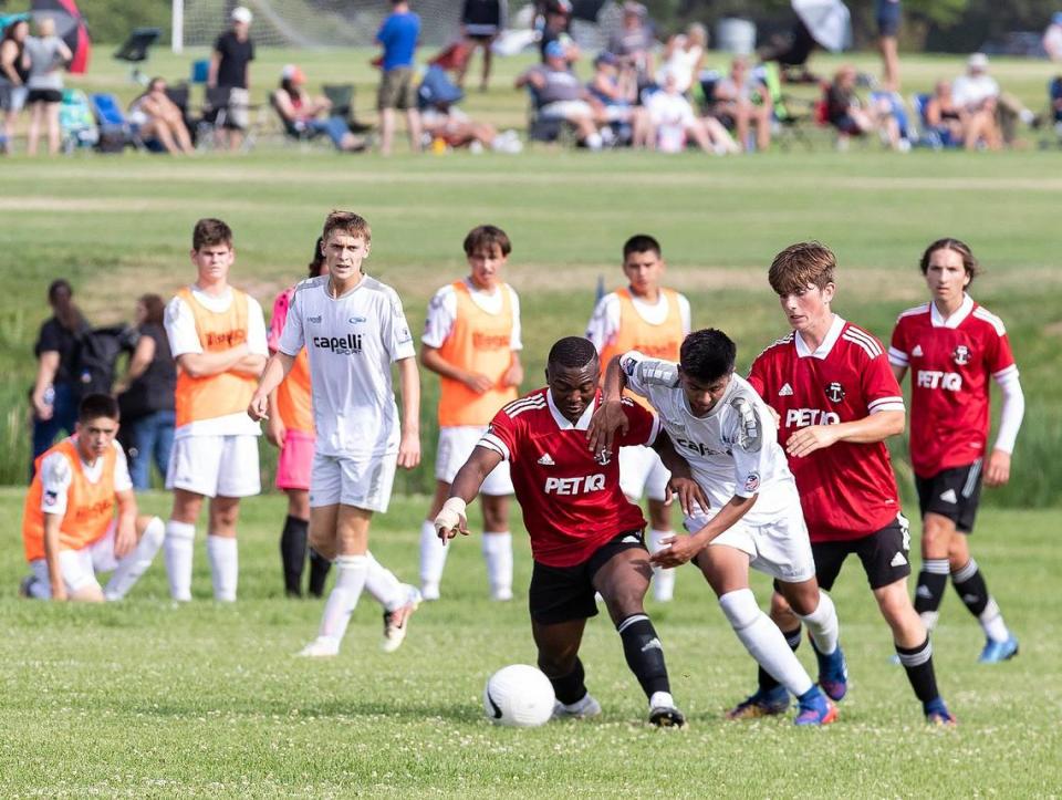 Lieven Ivanza of the U-17 Boise Timbers fights for possession against the New Mexico Rush on Tuesday at the Simplot Sports Complex.