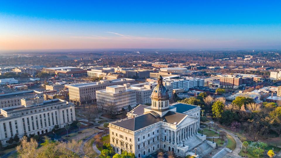 Drone Aerial View of Downtown Columbia, South Carolina, USA