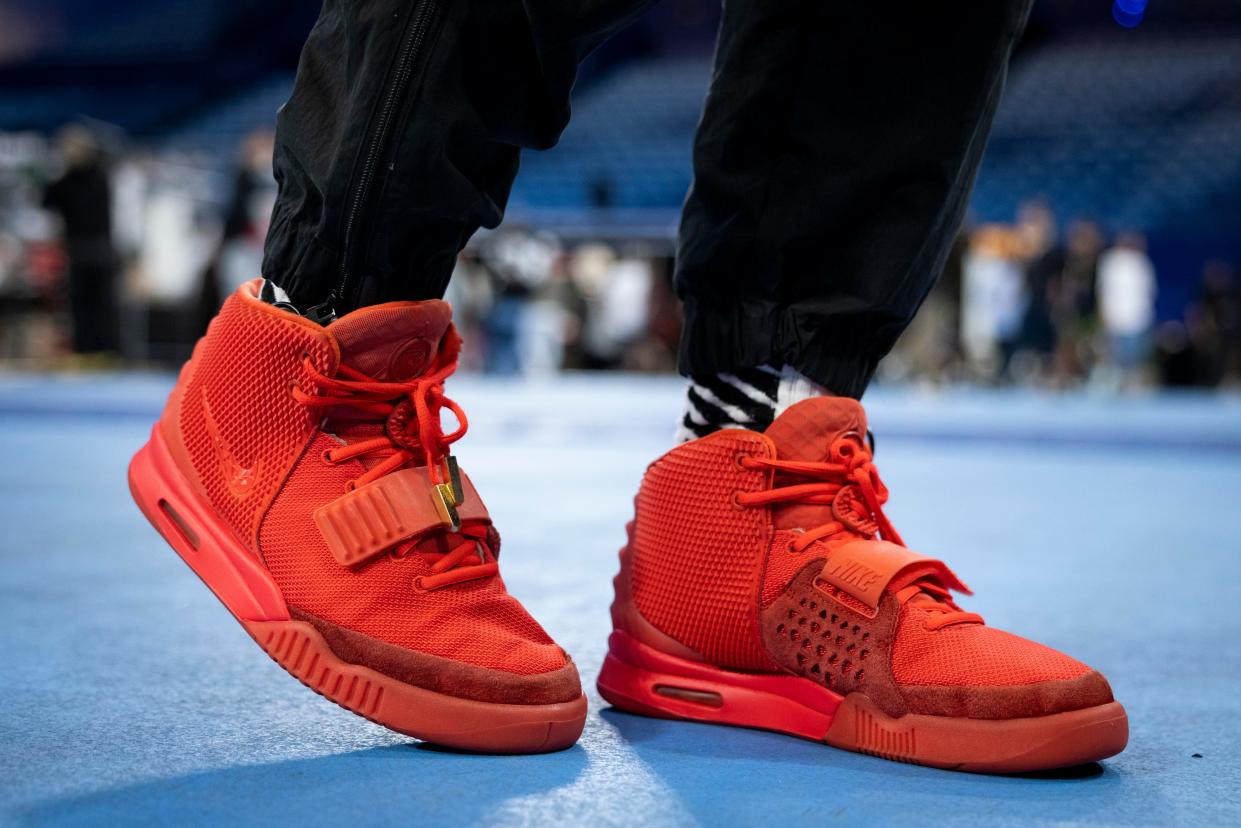 A pair of Nike Air Yeezy 2 Red October X Kanye West valued at over AUD$30,000