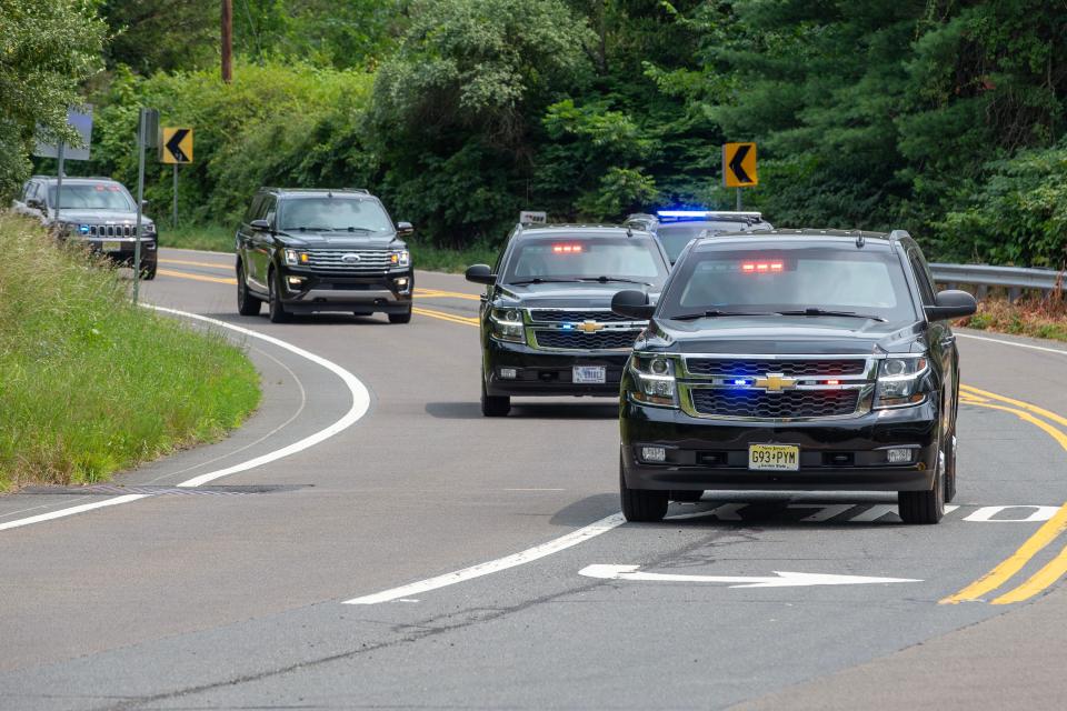 Former President Donald Trump and his motorcade travel from his home in Bedminster to Newark Liberty International Airport, where he will be flying to Washington, D.C. to appear in his 2020 election investigation initial court appearance, in Bedminster, NJ Thursday, August 3, 2023.