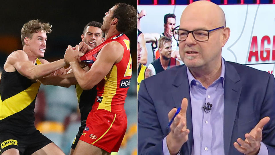 Pictured here, Tom Lynch arguing with Suns players on the left and AFL 360 co-host Mark Robinson on the right.