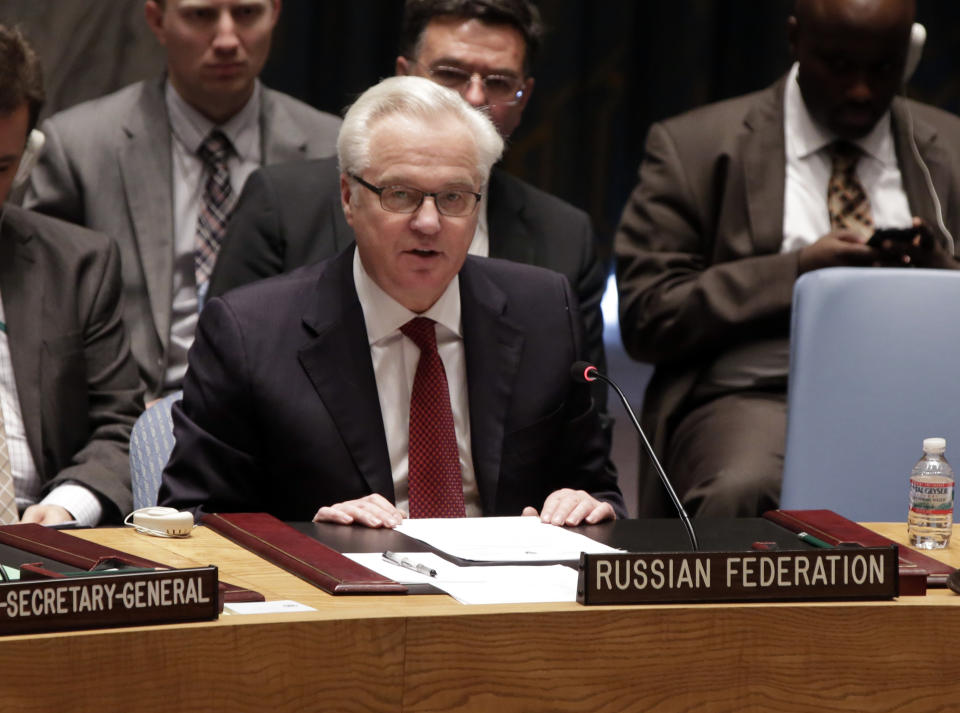 Russian Federation Ambassador Vitaly Churkin addresses the United Nations Security Council, Friday, May 2, 2014. The U.N. Security Council is meeting in emergency session on Ukraine after Russia called for a public meeting on the growing crisis there. (AP Photo/Richard Drew)
