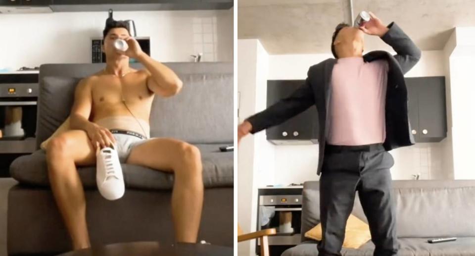 Al Perkins sits on a couch in his underwear (left) and takes a swig of a drink while wearing a suit (right). 